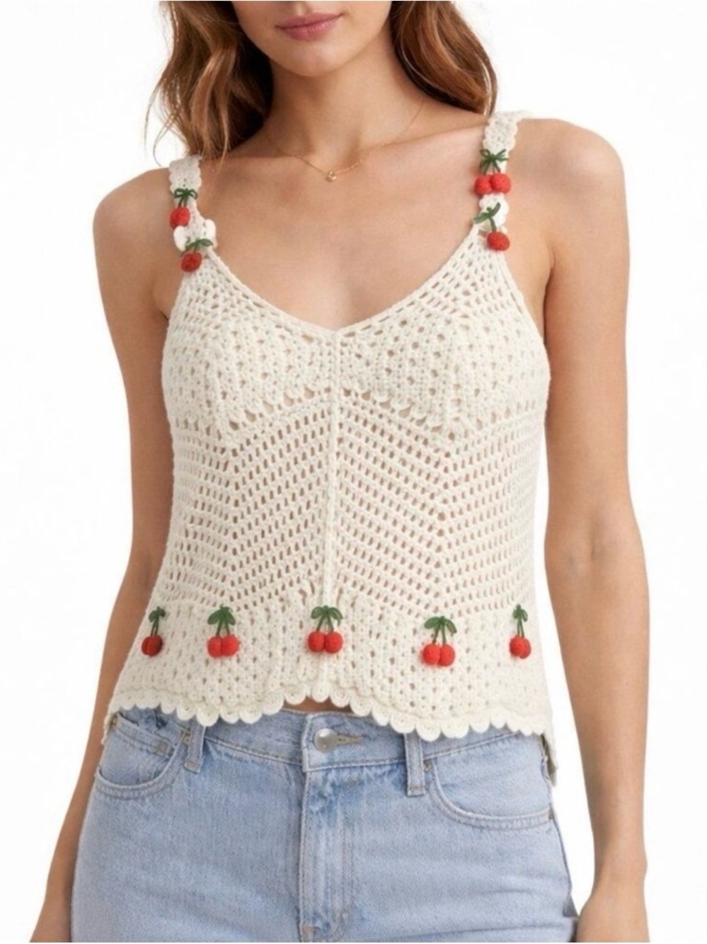 Rebellion Cherry Crochet Tank Top Faircore Boho Y2K Cotton Knit Size L